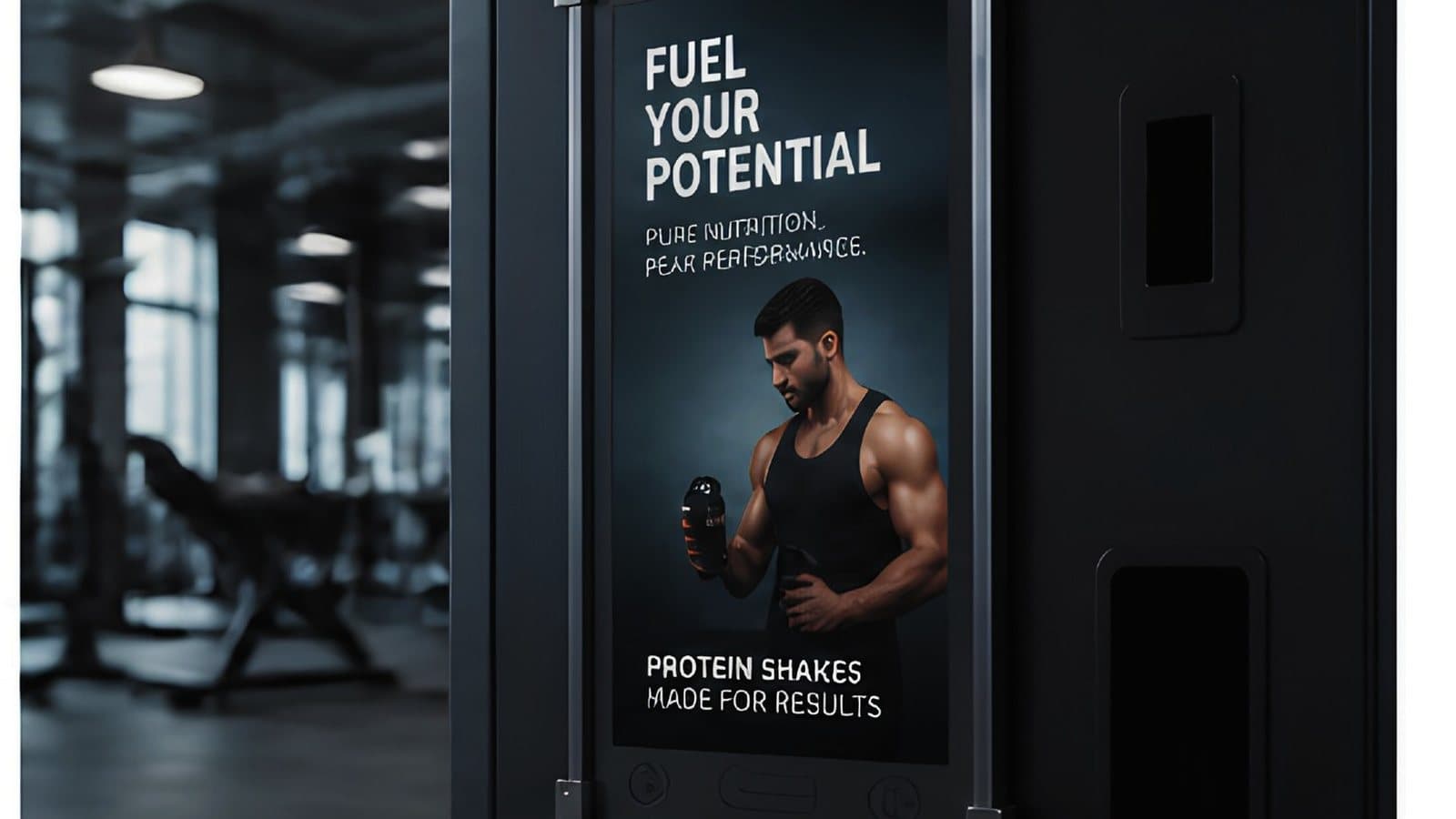 FuelBot smart display on a gym floor showing a protein campaign above the QR payment panel