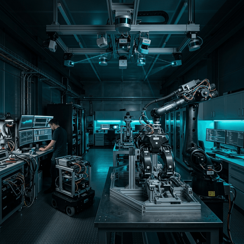 Griffinmark integration lab — exoskeleton rig under sensor calibration