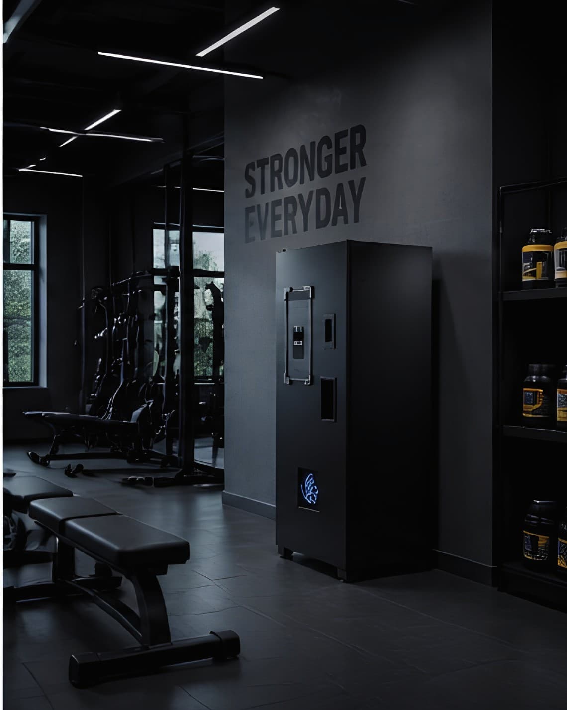 FuelBot LITE protein vending machine installed beside a supplement shelf on a dark gym floor