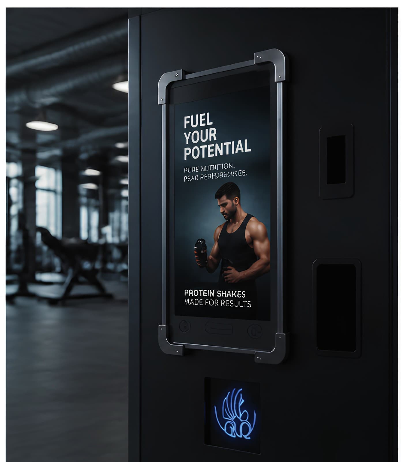 A FuelBot unit on a gym floor running a full-height 'Fuel your potential' supplement campaign on its smart advertising display
